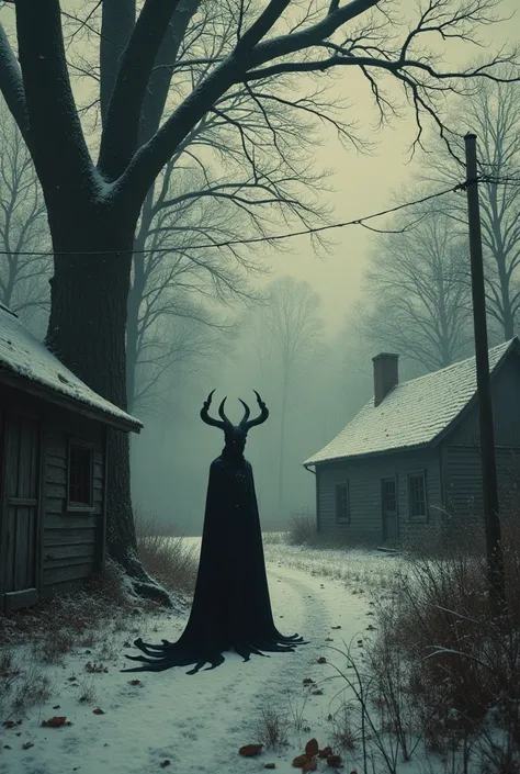 germany, realistic, cinematic, old photo, a farm, Black Satan next to an oak tree, In a haunted forest, with snow falling , in the year 1820