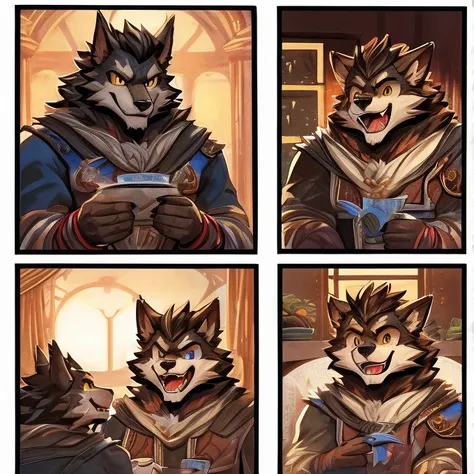 ((masterpiece)), (((high res,top quality)))、 (One々A comic where a cute werewolf makes you happy with 4 scenes)