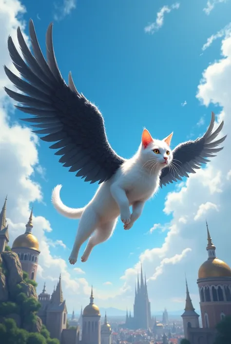 I want a picture of a white cat with black wings flying in the sky of Narakesh 