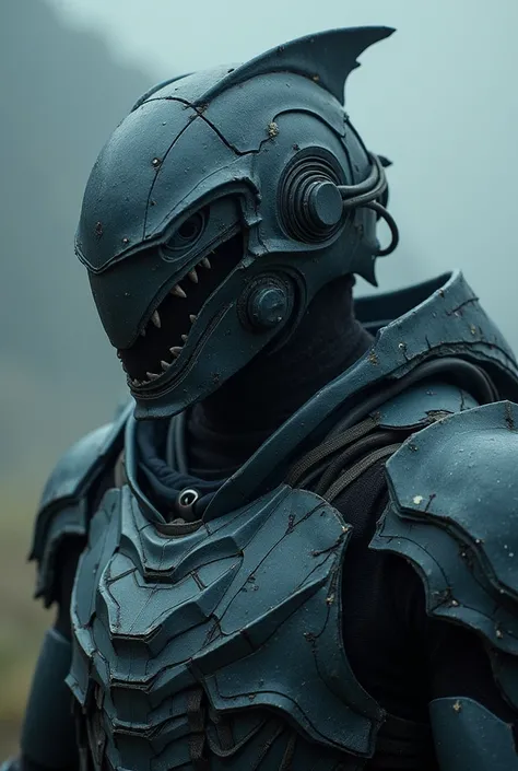 Closed up photography, shark Cyber creature, super intricate armor, the faceless head, secret project marine armor,cyber shark scale skin armor, unusual fish-shape helmet, dark moody misty cloud background. 