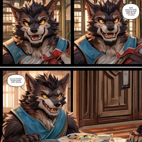 ((masterpiece)), (((high res,top quality)))、 (One々A comic where a cute werewolf makes you happy with 4 scenes)