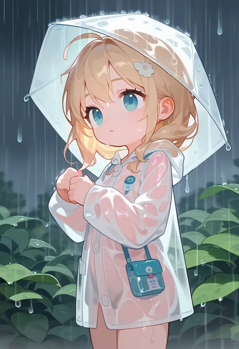 Cute, loli, young, blond hair, light blue eyes, wet, nude, raincoat, transparent, see-through, (raining:1.2),