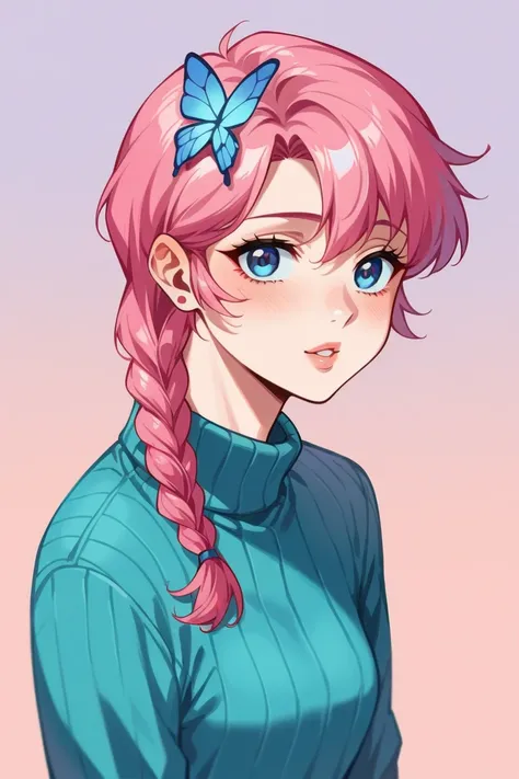 ( top quality , sketch:1.2), realistic , illustrator ,Anime, 1 girl,  detailed lips , sweater ,custom, pink gradient background ,Neon Hair, Shining Tears、 HALF UP、 texture cropping ,masterpiece,  style for stilets: Retro Classic,  dark black 、 braided 、Und...