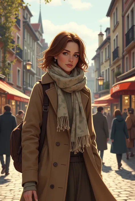 A 36-year-old woman with medium-length chestnut hair, wearing a patterned scarf and a wool coat, walking through a charming city square.