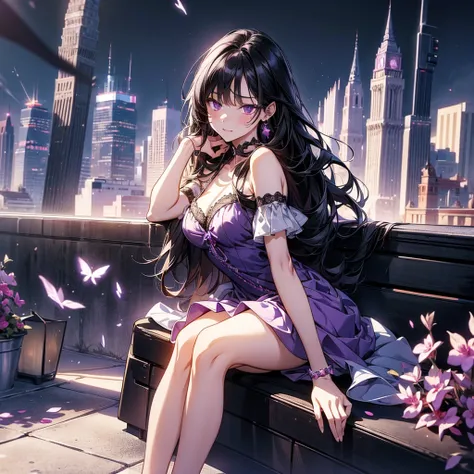 masterpiece, Best Quality , high resolution ,Perfect light and shadow,8k wallpaper,illustration, ray tracing , a lovely girl,black hair,Long straight hair, Purple Eyes,Full body portrait, Magical Girl ,mini dress, bikini,Purple Gemstone,City,roof,sit