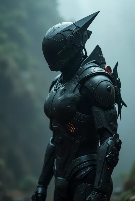 Closed up photography,Cyber creature, super intricate armor, the faceless head, secret project marine armor,cyber skin armor, unusual triangle shape helmet, dark moody misty cloud background. 