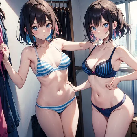 nsfw ４ｋquality, 最高quality,  short_hair, Ultra-small_chest,）In the changing room,   changing clothes, At a clothing store, Try on a swimsuit ,  lingerie　、１２age　 sexy poses　 seductive 、Blue and white swimsuit,  pink and white swimsuit, Striped bra、Cute Bra、s...