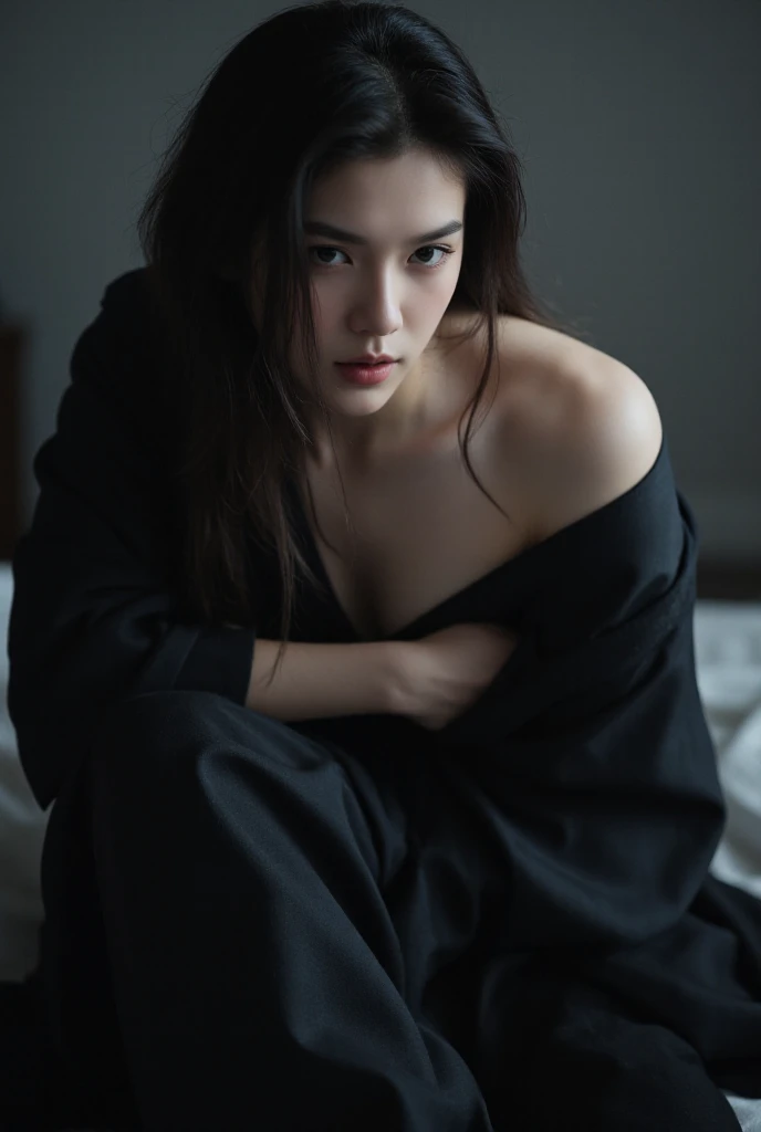 A guy with long dark hair and grey eyes, in black hanfu ,bares her shoulder 