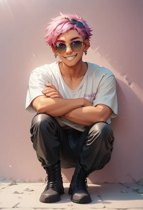 solo teen male, lean muscle, short messy pink hair, tan, black round sunglasses, purple eyes, gentle smile, stylish clothes, one earring on left ear, black pants, black boots