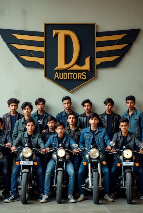 group of 12 boys wearing denim leather jackets with motorcycles scooters  
and a logo of D. L. auditors black and gold font at the background wallpaper 