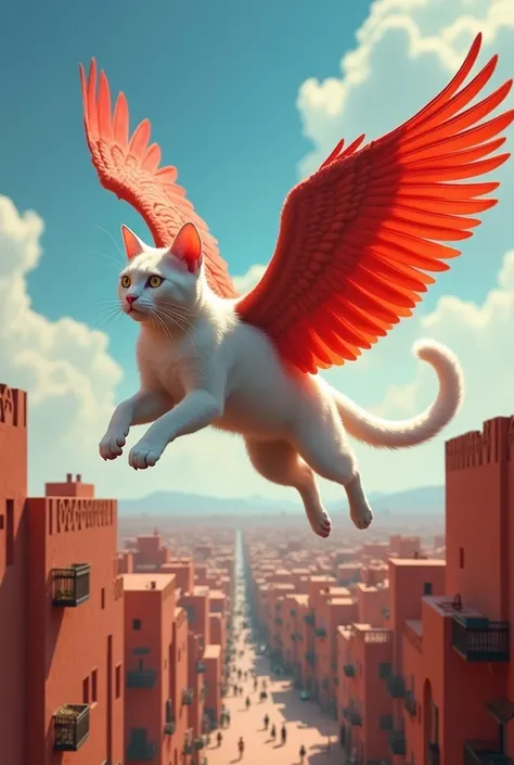 A white cat with red wings flies in the sky of Marrakech 