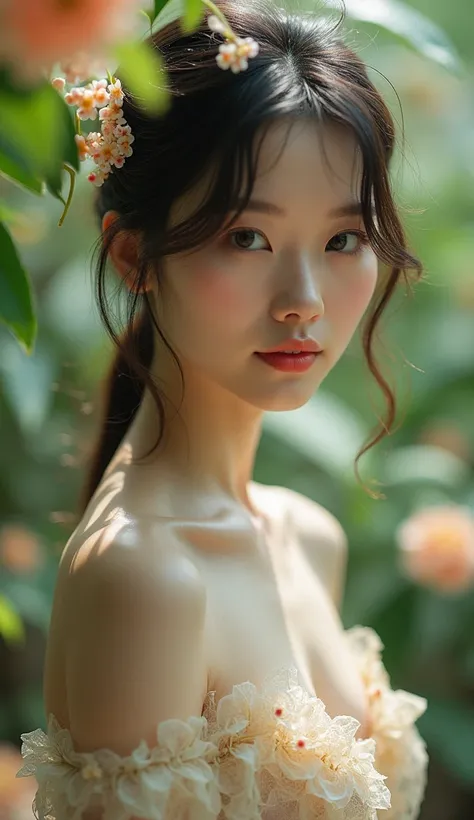 In a lush indoor garden、 Japanese woman wearing a floral sheer top、 close-up with breasts and soft flowers in the background、 creates harmony between nature and beauty。