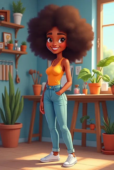 A cartoon caramel skin toned girl with black full long side parted fro dressed in a lovely top, jeans and sneakers standing in front of a room with things used by an artist showing at the back