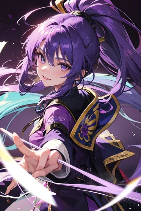 Blue-purple hair, Ridiculously long hair, Hair between the eyes, High Ponytail, purple eyespurple suit, Anime Color,fingersmile