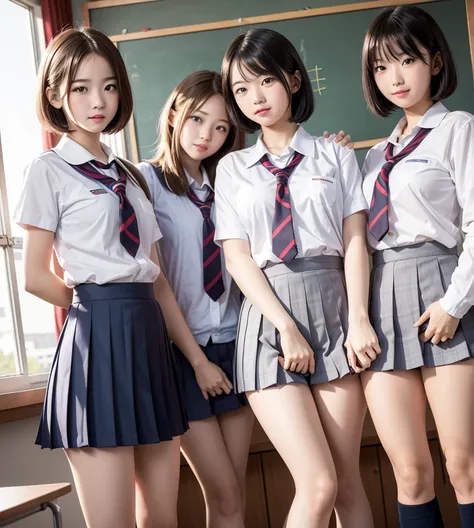 masterpiece, 4K, Bokeh, ( school uniform:1.3),   beautiful girl ,  group photo ,  harem,  multiple girls, ( :1.6), ( bob hair:1.3),  close, classroom, sunset, hip, pussy, sex, nudity, gamgbamg

