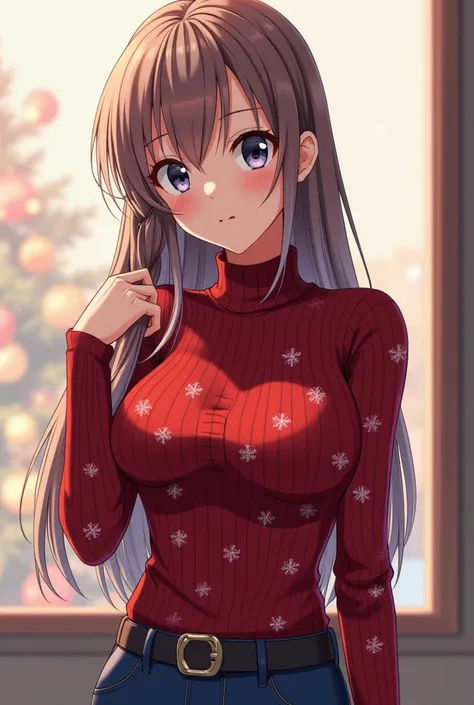 (anime) 28 year old woman, Mauve eyes ,  with some gray sparkles . long hair,  held by a braid .  big breasts, slender.  With tight jeans and a Christmas colored turtleneck sweater.
