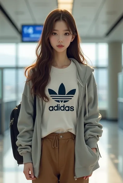 Japanese woman standing facing the front with an adidas t-shirt and normal hoodie in the back of Okayama Airport, brown chinos, long brown hair, long brown hair