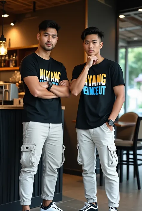 Full of distance 2 short haired indonesian men fast sweet handsome macho. Wearing a black t-shirt with a name written on it "HAYANG HEUNCEUT " with large font color blue yellow white , Wearing ash white cargo pants and wearing vans shoes.  Full of stylish ...