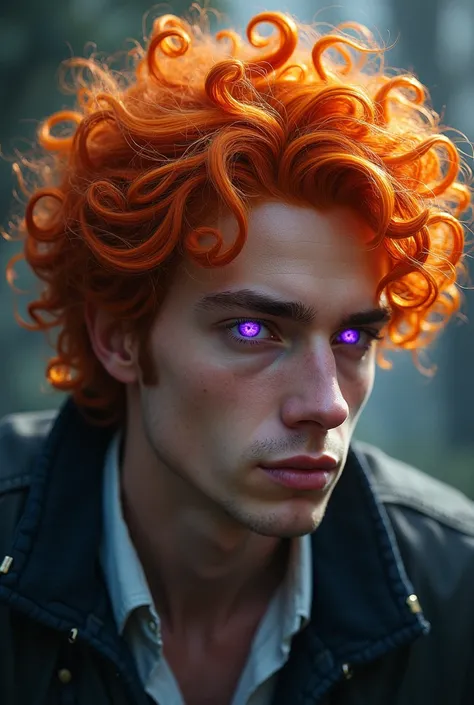 A man with curly orange hair and purple eye 