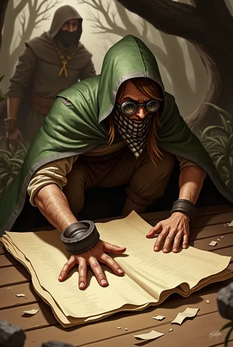 a man going through the woods crouched, wearing a torn green cloak and hood, has a full head long brunette hair, wearing a pair of round tinted goggles that conceal his eyes, is loosely wearing a checkered bandana to cover his mouth and nose, slightly torn...