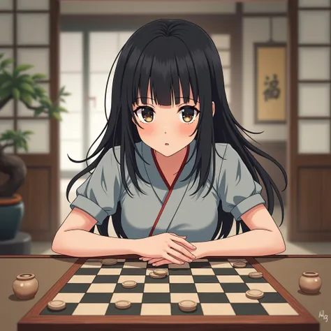 draw an anime girl with black hair playing checkers