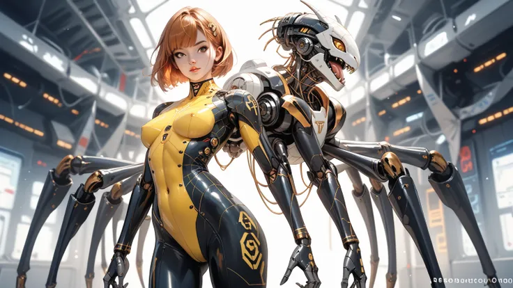 (An intricate woman mechanical dark blue and yellow bodyมMerge with spider design), android ,science, light emitting diode ,metal,Metal, high definition ,rocket and ( stand, cowboy shot). best quality, high definition , anatomically correct , Very detailed...