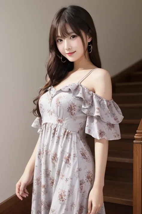  Japanese model woman in dress is standing on the stairs, Full body view of an idol woman descending the stairs、 wearing a long floral dress , rococo ruffle dress, Art Nouveau dress ,  expensive voluminous dress ,  is wearing a long dress,  Modest Loose Go...