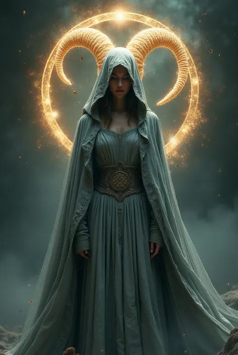 In the background there is the icon of Aries and the Aries woman dressed in a cloak dress with a closed cape up to her black neck