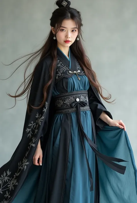 Ancient China,  woman . 35 years old. Chinese.  full length ,  brown hair, purple eyes ,  long hair,  loose hair.  Dressed in traditional Chinese clothes .  The girl is dressed in black Hanfu with silver accents. Hanfu is wearing a black cape ,  which turn...