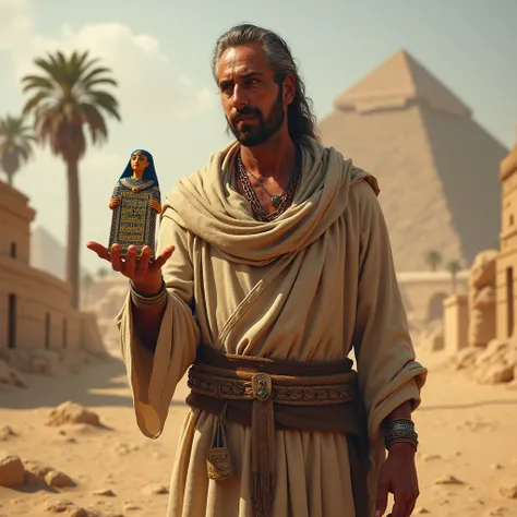 He wears the clothes of an Egyptian peasant and holds a prophet in his hand 