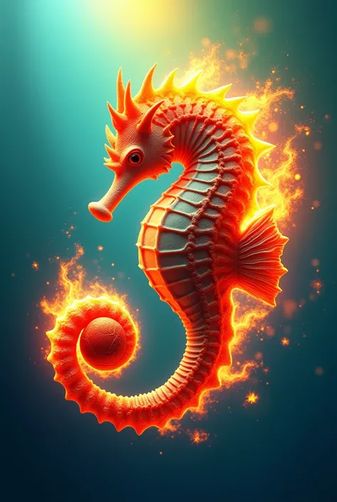 3d football logo is themed seahorse playing fiery football and is blue yellow green