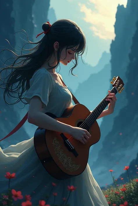 draw a woman playing guitar in the landscape with anime style and dark colors 