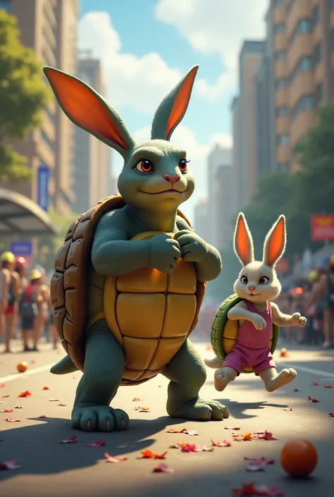 A rabbit and a turtle are in a race. The turtle won and looks proud. The rabbit lost and seems upset. The background is that you see the race, traffic and noise 