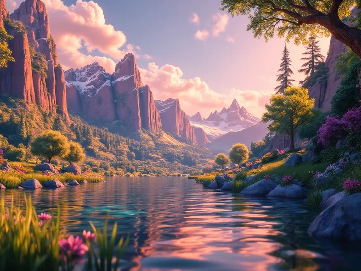 colorful sunrise,sunlight streaming through the clouds,natural landscape,picturesque scenery,peaceful and serene atmosphere,golden reflections on the water,soft and gentle breeze, rays of sunlight glistening on the dewy grass,tranquil morning,majestic moun...