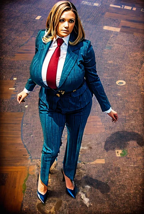 Looking up at the approaching young giantess, Giantess art, 500 miles tall giga giantess, young sophisticated and stylish goth woman in a light blue italian pinstriped trouser suit, form fitting crisp office shirt, and a large wide light blue necktie in a ...