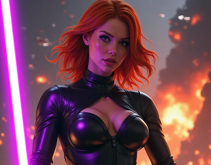 Mara Jade, est représentée portant son costume sexy en cuir noir bustier sans manche légèrement décolleté, qui accentue son charme, mais aussi son agilité. Ses cheveux orange sont de longueur épaule, ajoutant une touche délégance à sa détermination. Elle t...