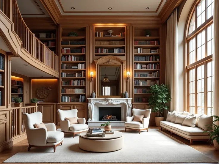 A wide, spacious home library with tall wooden bookshelves, plush armchairs, and soft pastel tones. A grand staircase leads to a second level of shelves, while natural light floods the room through large windows, highlighting a cozy reading nook and a marb...