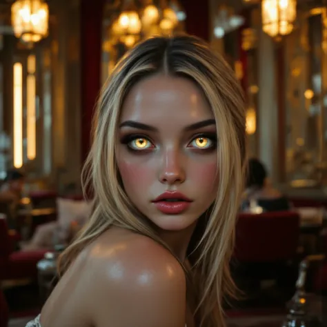 Woman with detailed glowing eyes with cybernetic golden irises and is casually dressed in a mansion