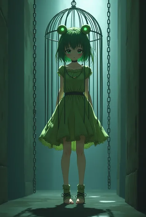 Anime girl, frog appearance, locked in a cage, chains around her feet, fog outfit. 