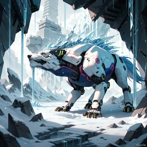  cyberpunk, mechanical, Broken, There is a picture of a very large iceberg,  cyberpunk, mechanical, Broken,  lots of snow , Dungeon Background, Icicle Background, Arena Background, Game Background, Dark gloomy cave background,