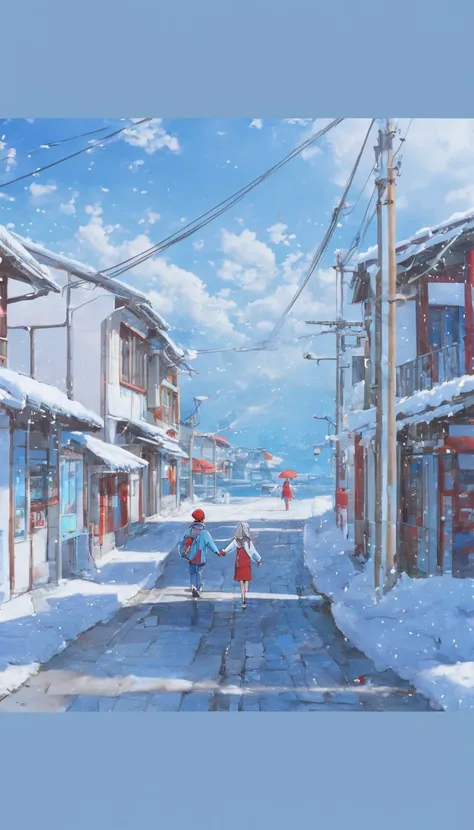 A girl walking with her boyfriend on this road (wearing winter white,red and sky blue clothes both, girl age s and boy age 18 years), wallpaper (high details, HD images, anime style, 4k image quality, master peace wallpaper, beautiful scene),Thick white an...