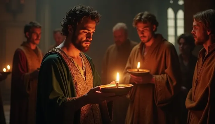 A Very Clear 4K Ultra HD Dynamic Image Of "The rich man, holding a lit oil lamp, looks pale and sweaty, his hands trembling. The merchant, standing nearby, holds his lamp confidently, while the courtiers whisper among themselves.