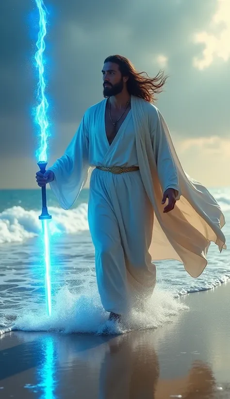 a realistic 8k image of jesus christ walking on the beach holding a sword made of blue light particles, detailed figure, highly detailed face, long hair, robes flowing in the wind, dramatic lighting, cinematic composition, photorealistic, intricate details...