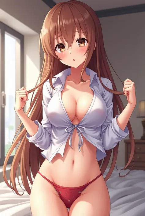 Long-haired anime girl opens up her blouse, shows off her tits and takes off her panties in the bedroom