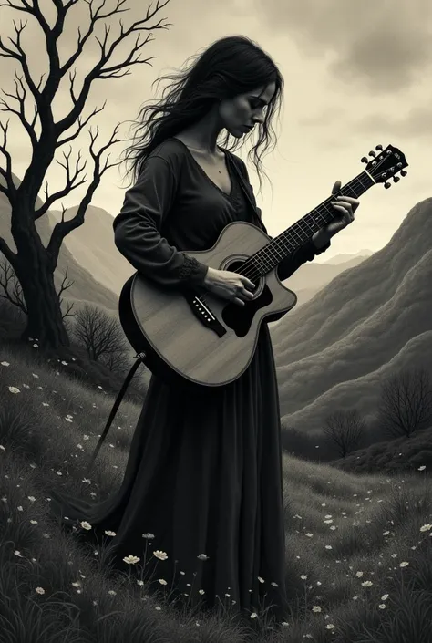 A woman playing guitar in the landscape, in dark theme and  its a drawing