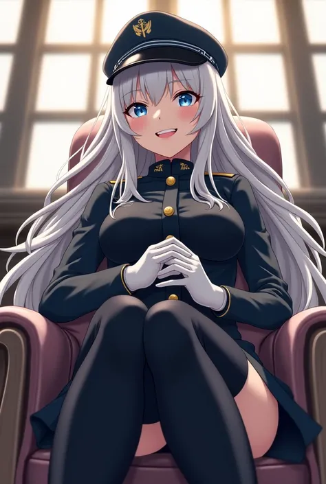 An anime young woman, white long hair, blue eyes, dressed in dark militia uniform, a cap on her head, white gloves and knee high boots. A devilish smile on her face. The image should emphasize a bottom up angle, focusing on her boots in the first plan. She...