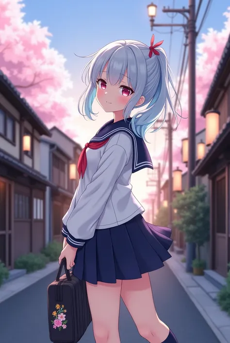 Anime-style girl with bluish-white ponytail hair, pink eyes, wearing a Japanese school uniform (white sailor-style blouse with navy pleated skirt, navy knee-high socks), standing on a quiet street in a traditional Japanese neighborhood. The scene is lit by...