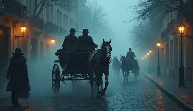 A horse-drawn carriage moves through the foggy streets of London, carrying Holmes, Watson, and Lady Elizabeth.

Surroundings include cobblestone streets, gas lamps casting a soft glow, and a mysterious atmosphere.
