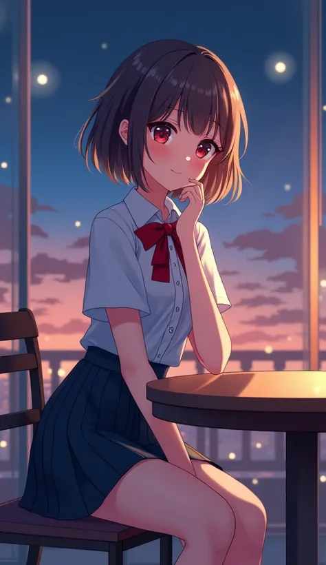 (8K,  Best Quality , masterpiece:1.2), (SFW:1.3), ( actual , photo- actual :1.37),  super detailed,  1 girl, cute,  unique , Beautiful and detailed sky ,Detail of cafe,night,Sitting,Dating,(Red nose),( Smile:1.1),(Shut up)  medium chest , beautiful detaile...