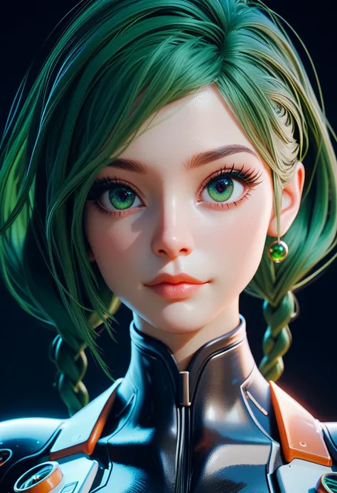 
Beautiful young girl with big eyes, green long hair with braids and sexy body in a futuristic costume ( acid green and black suit )  spaceship pilot , 3d render of the character 